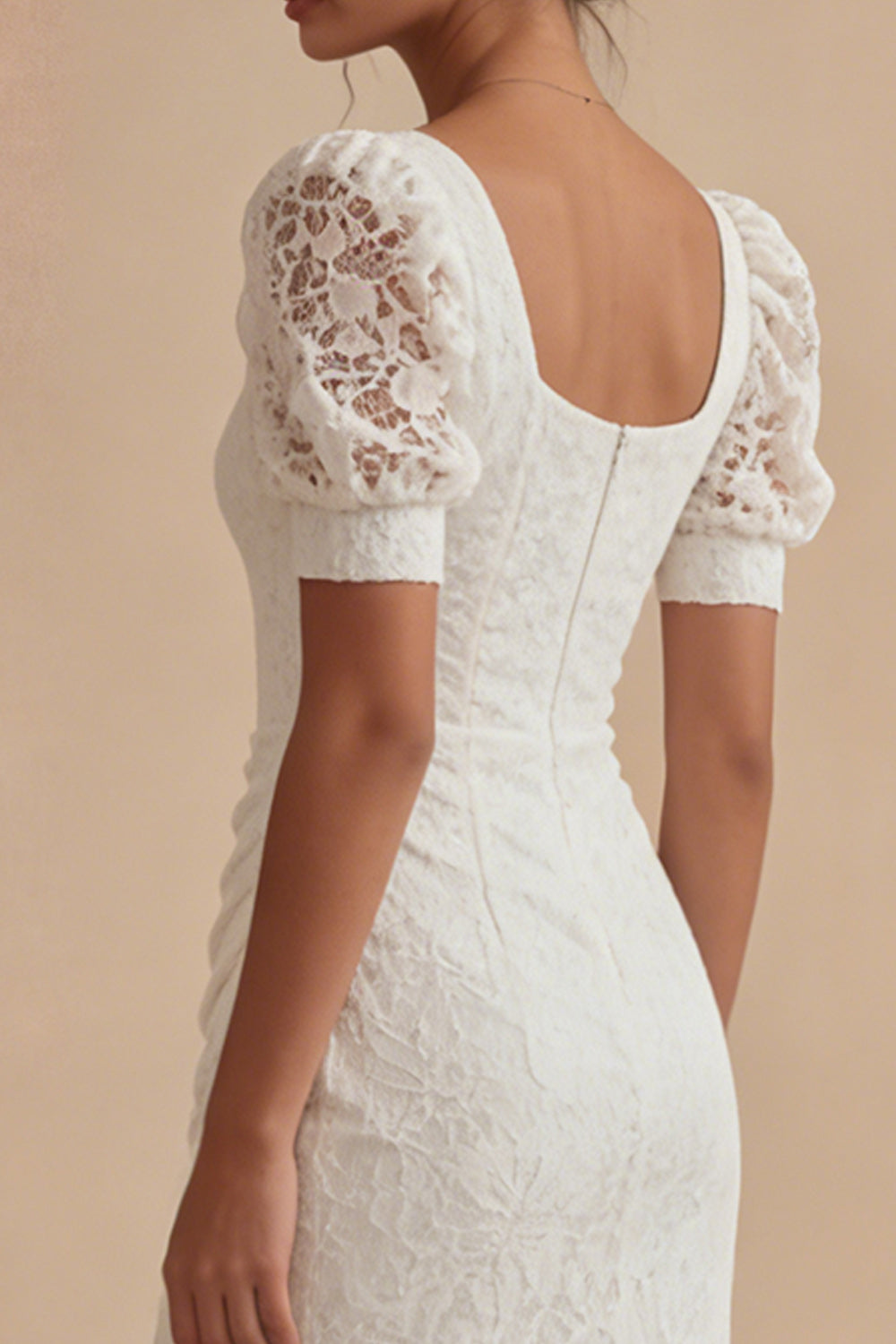 Lace Square Neck Ruched White Dress with Slit