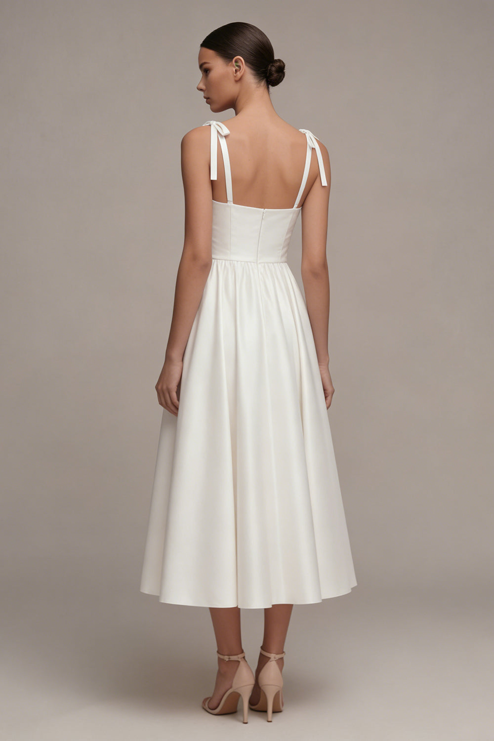 A Line Satin Ruched White Midi Engagement Dress