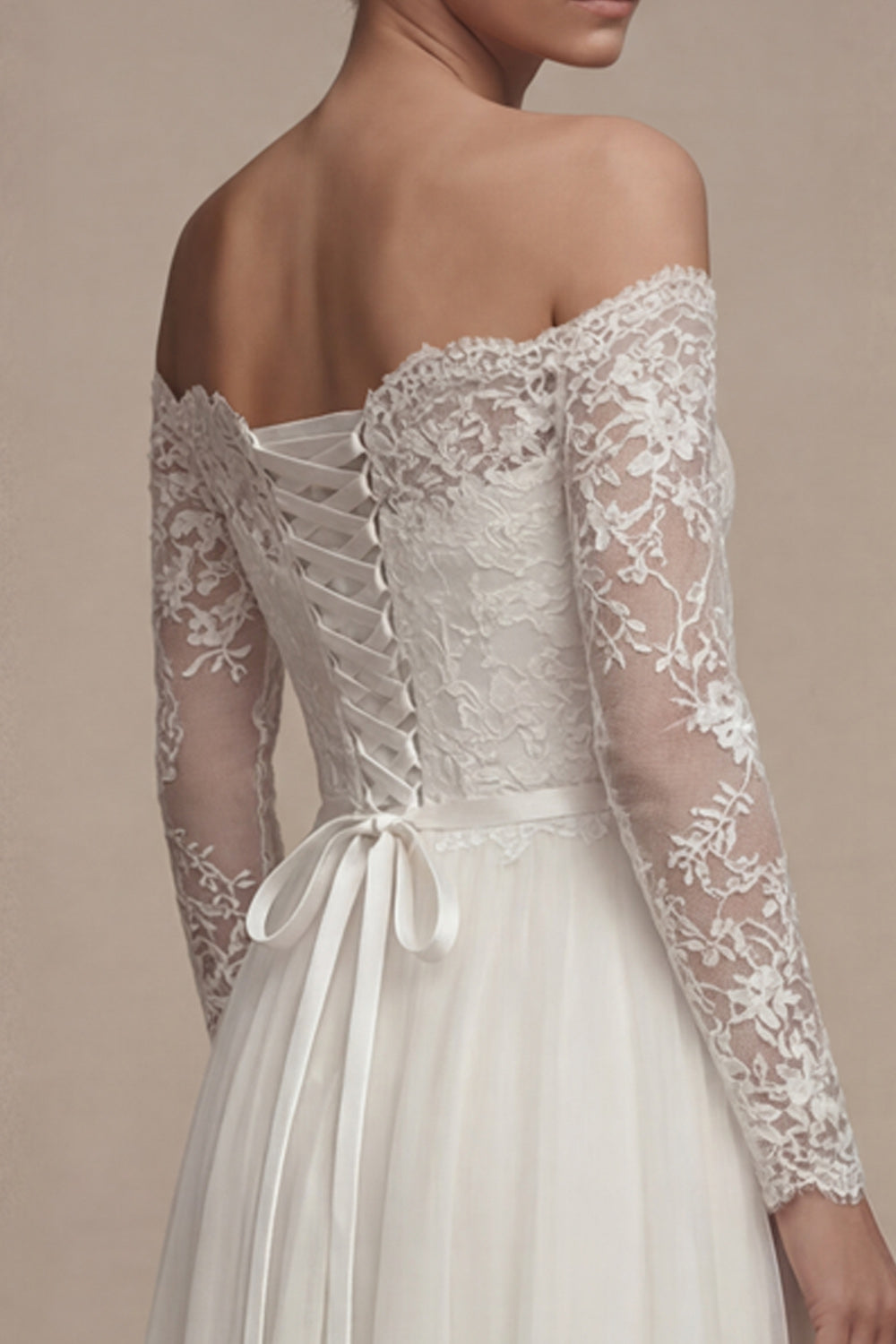 White Off the Shoulder Lace A Line Tulle Wedding Dress