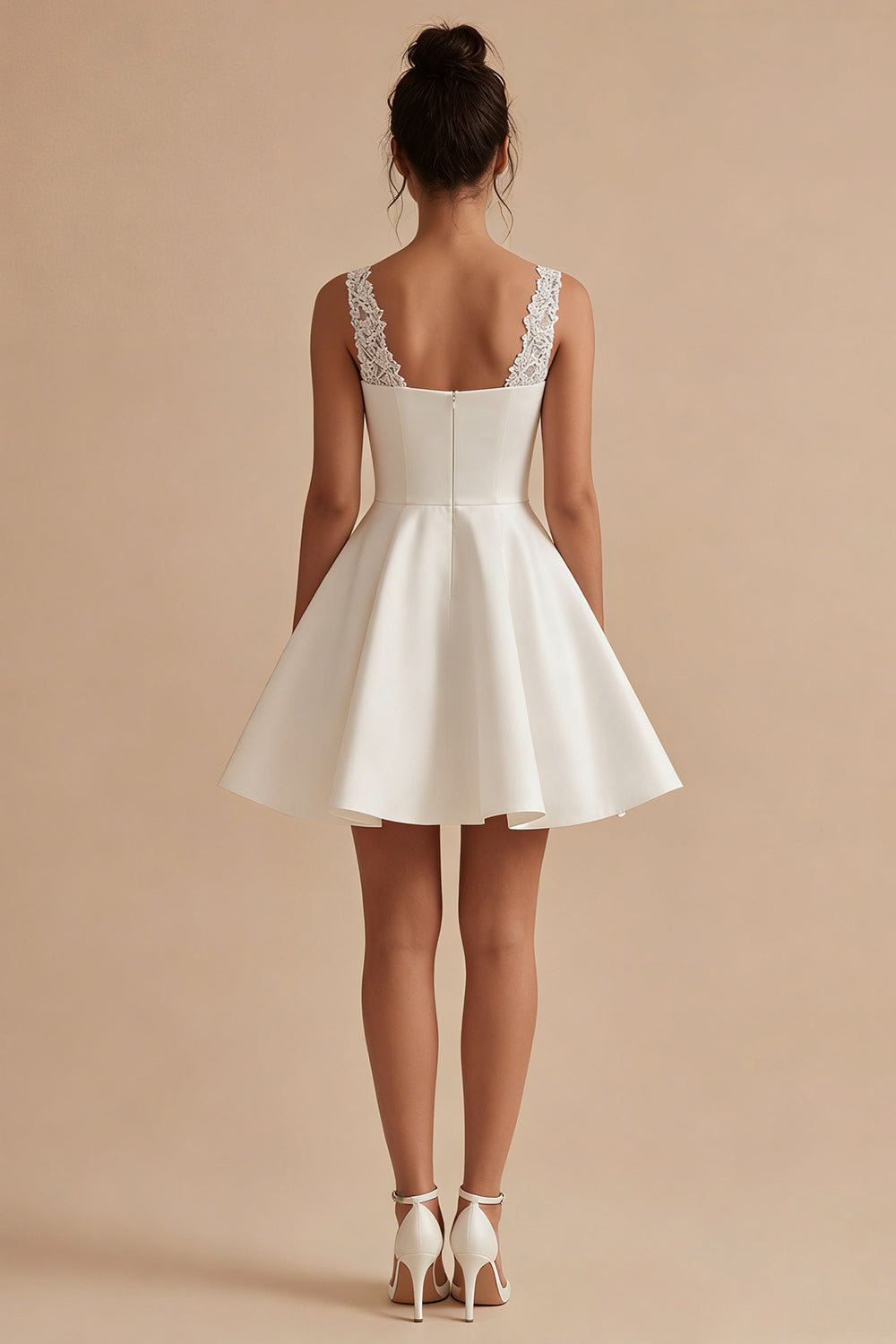 A Line Satin Appliqued V Neck Mini White Dress