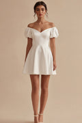 Off the Shoulder Satin A Line White Mini Engagement Dress
