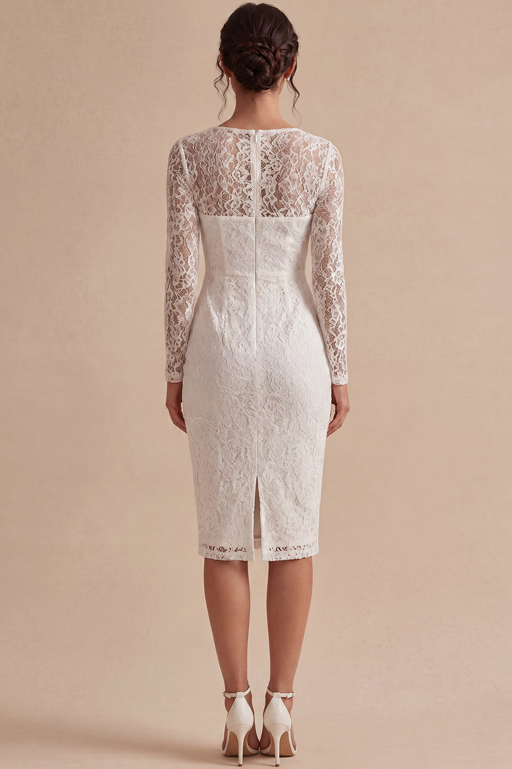 White Lace Long Sleeve Bodycon Midi Engagement Dress
