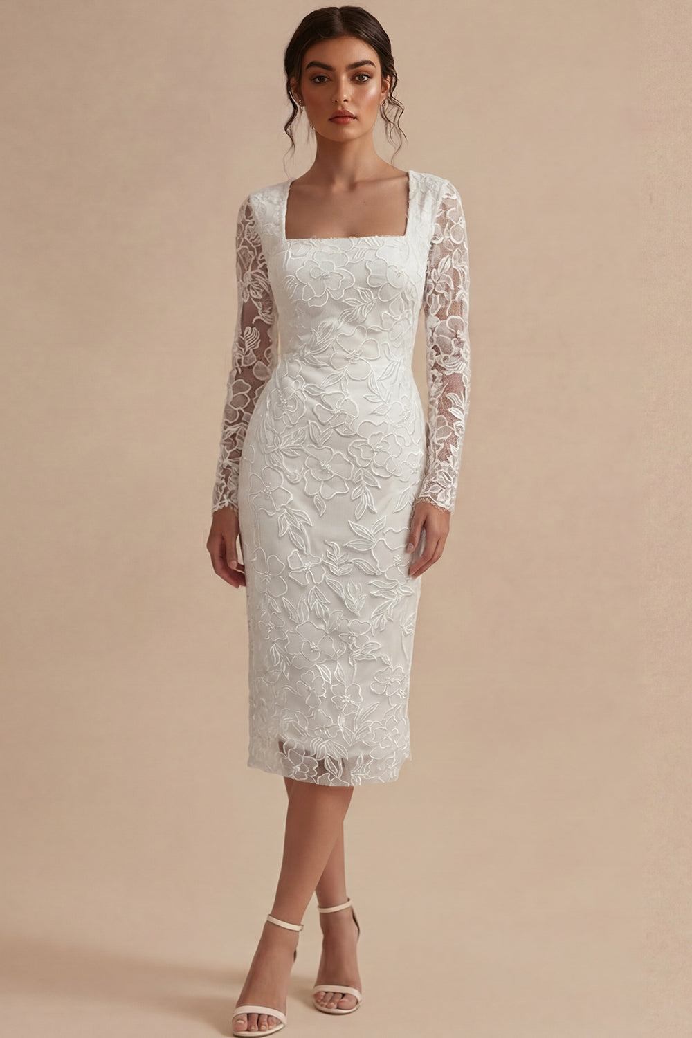 Long Sleeve Appliqued White Bodycon Midi Engagement Dress