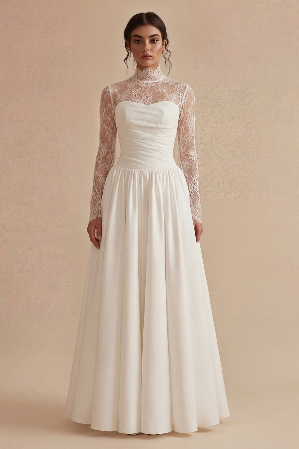 White High Neck Lace A Line Maxi Wedding Dress