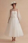 2 Piece White A Line Tulle Midi Engagement Dress