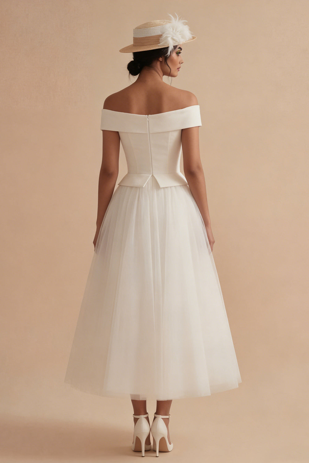 White Off the Shoulder A Line Tulle Midi Engagement Dress
