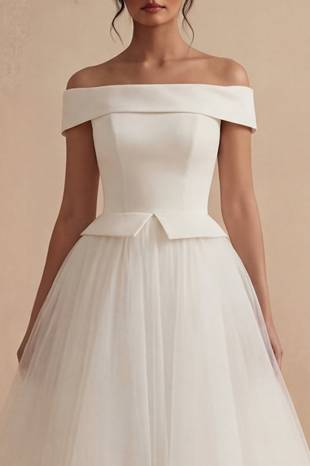 White Off the Shoulder A Line Tulle Midi Engagement Dress