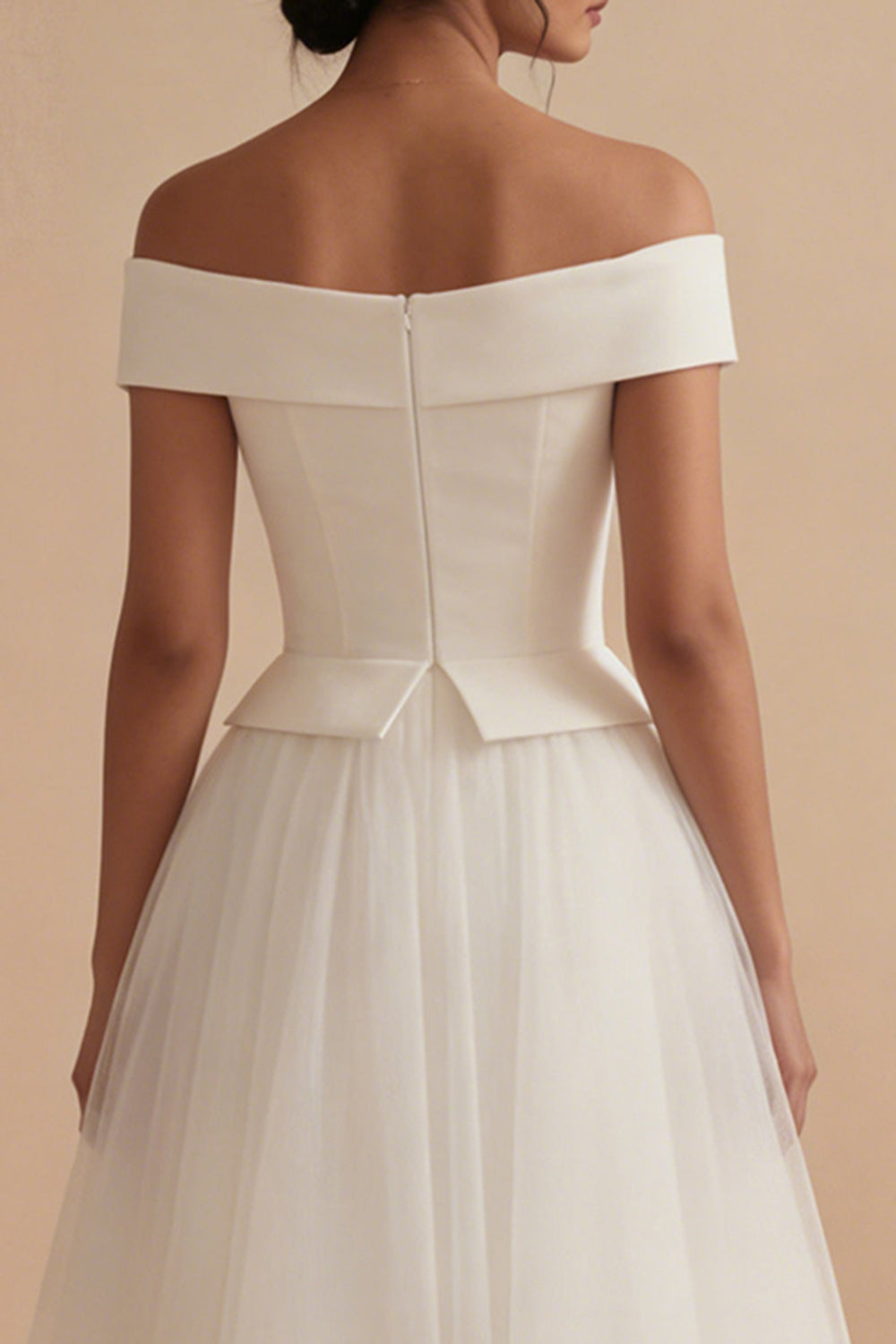White Off the Shoulder A Line Tulle Midi Engagement Dress
