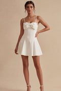 Bowed Satin Spaghetti Straps A Line Mini White Dress