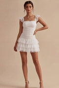 Tiered Square Neck Ruched Ruffled Mini White Dress