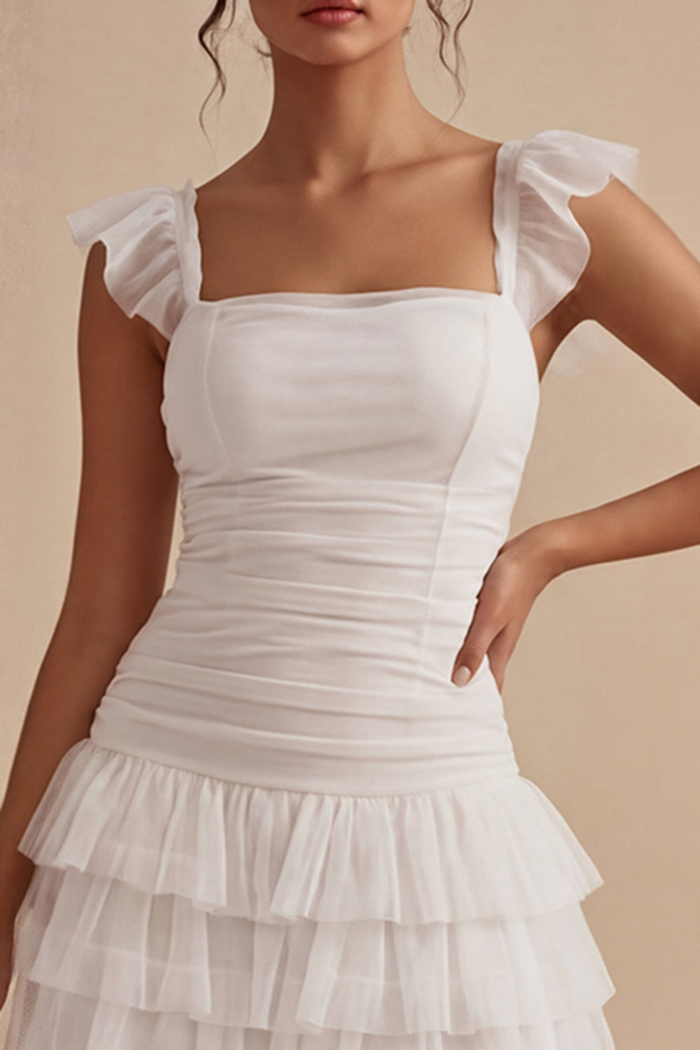 Tiered Square Neck Ruched Ruffled Mini White Dress