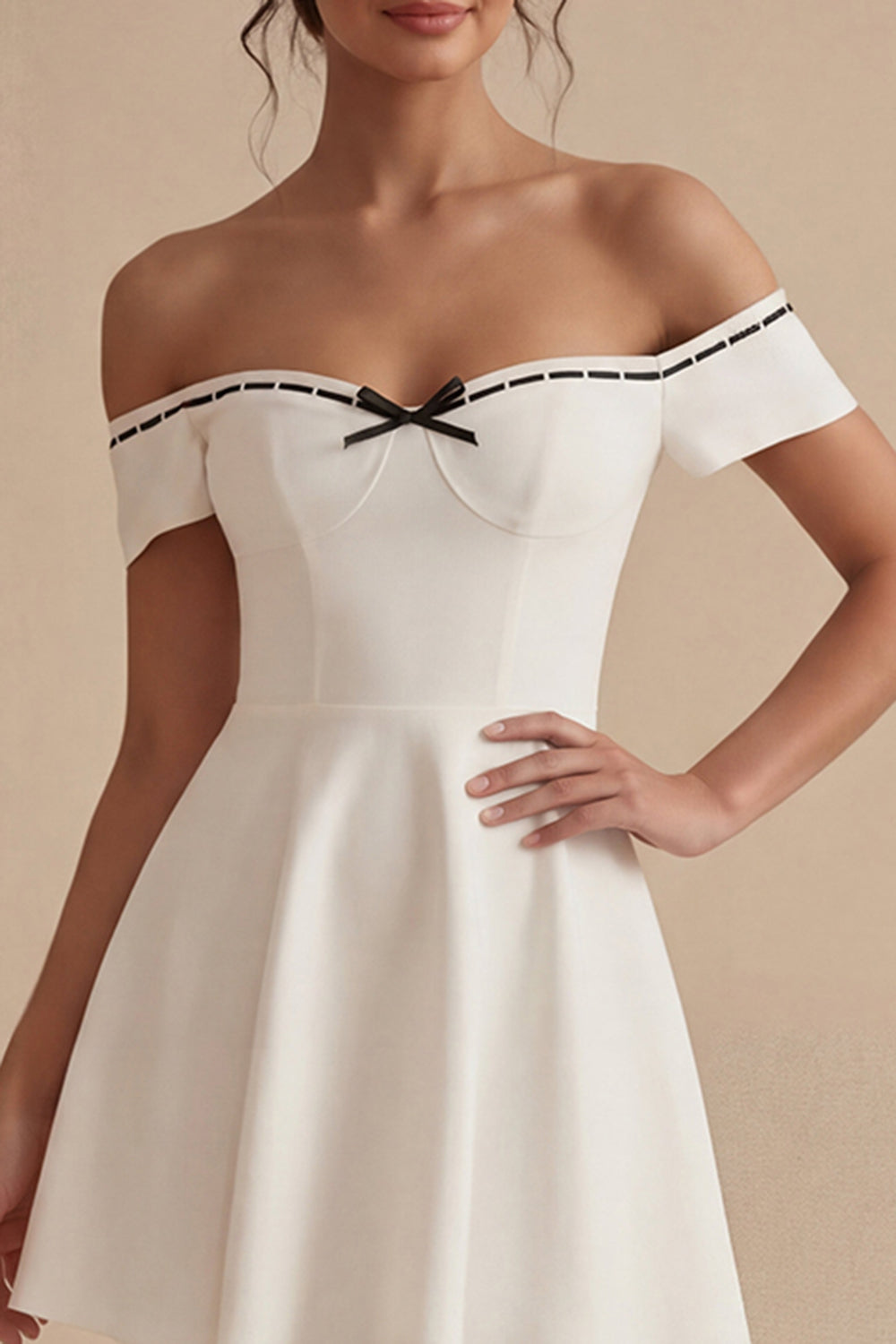 Off the Shoulder A Line Bowed Mini White Dress