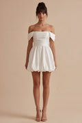 Off the Shoulder A Line Ruched Mini White Dress