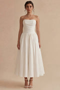 Strapless Satin A Line Pleated Midi White Dress
