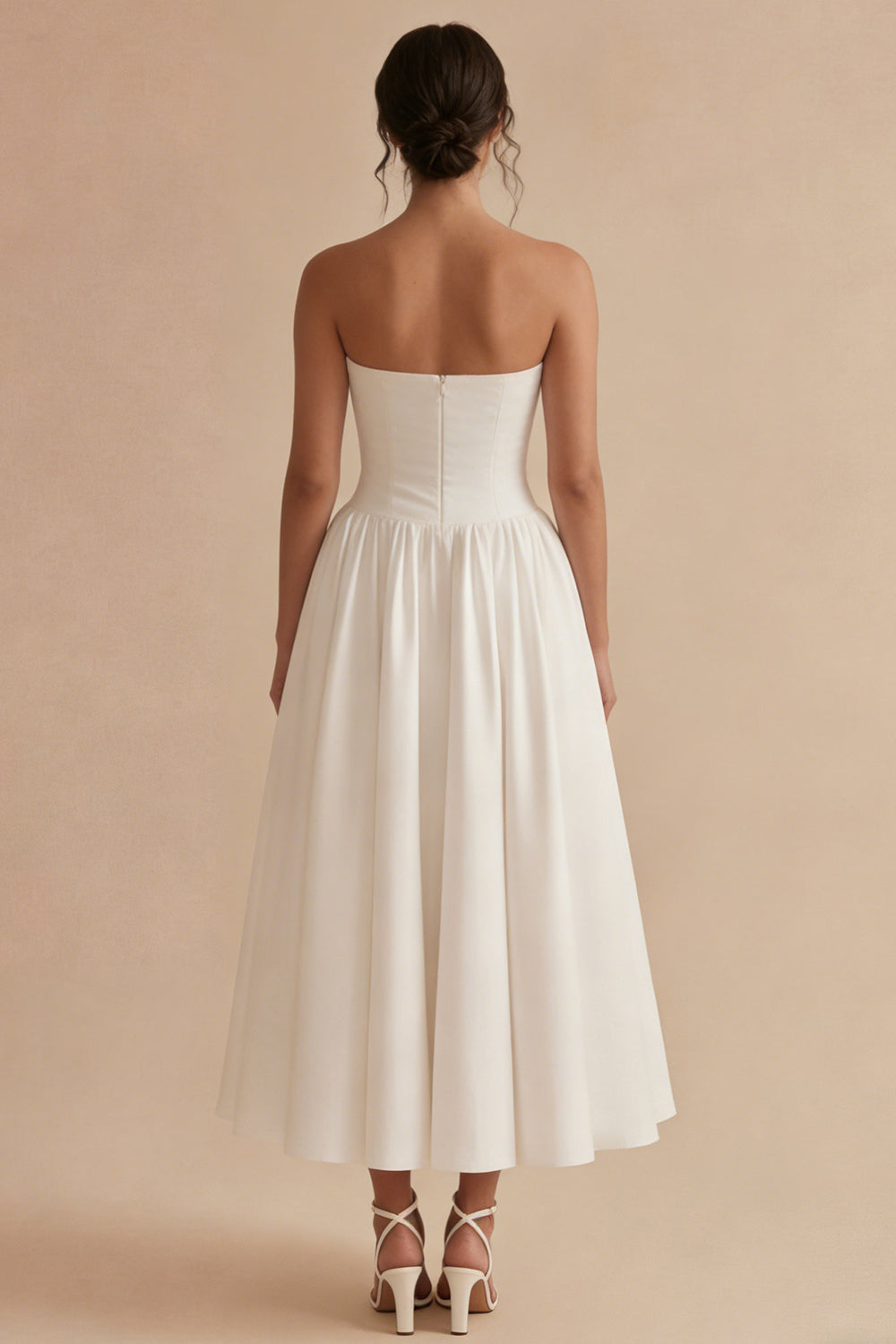 Strapless Satin A Line Pleated Midi White Dress
