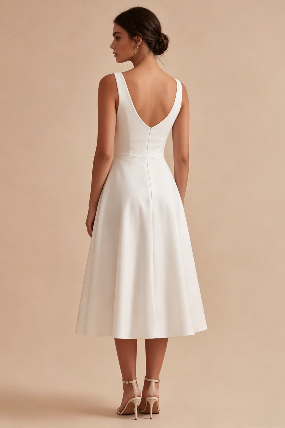 Satin V Neck A Line Midi White Dress