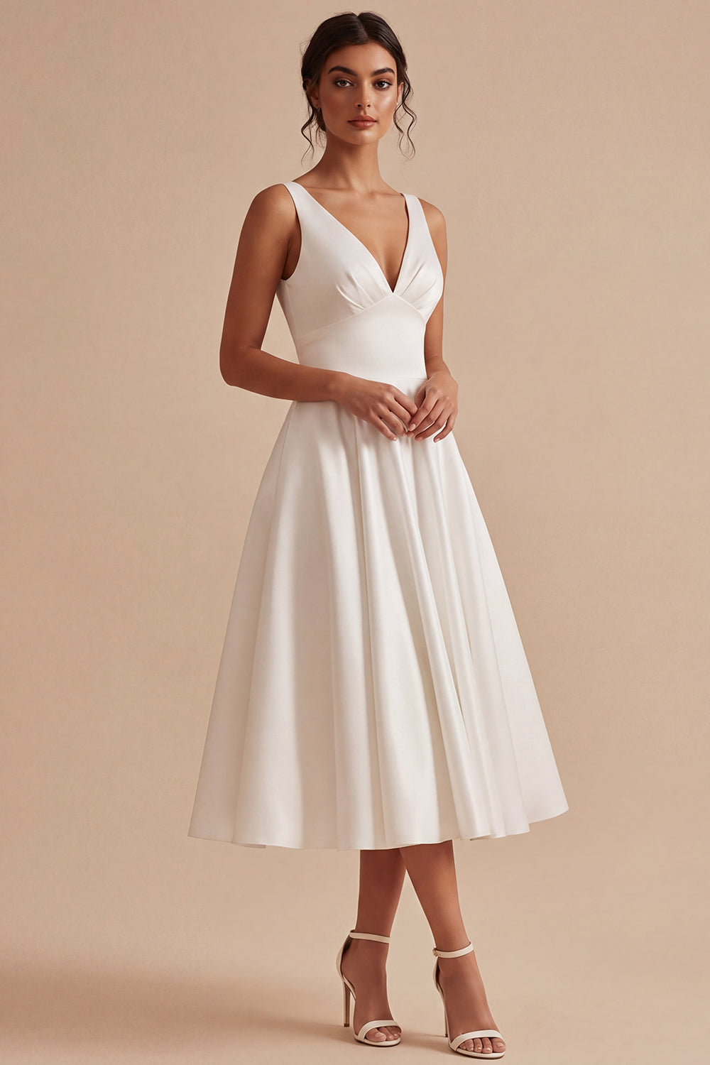 Satin V Neck A Line Midi White Dress