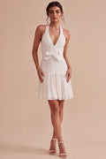 Halter A Line Pleated Mini White Dress with Bow