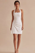 Halter Ruched Bodycon Mini White Dress