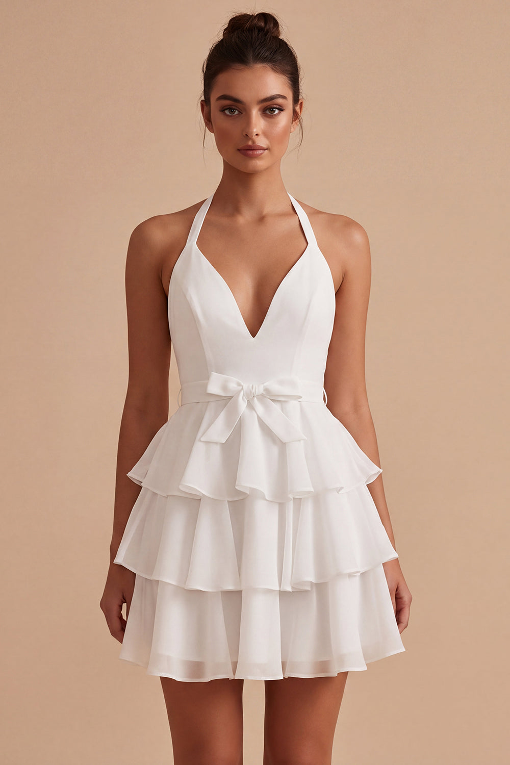 Halter Tiered A Line Bowed Mini White Dress