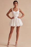 Spaghetti Straps A Line Pleated Mini White Dress with Belt