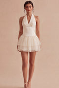 Halter Tiered Tulle Mini White Dress