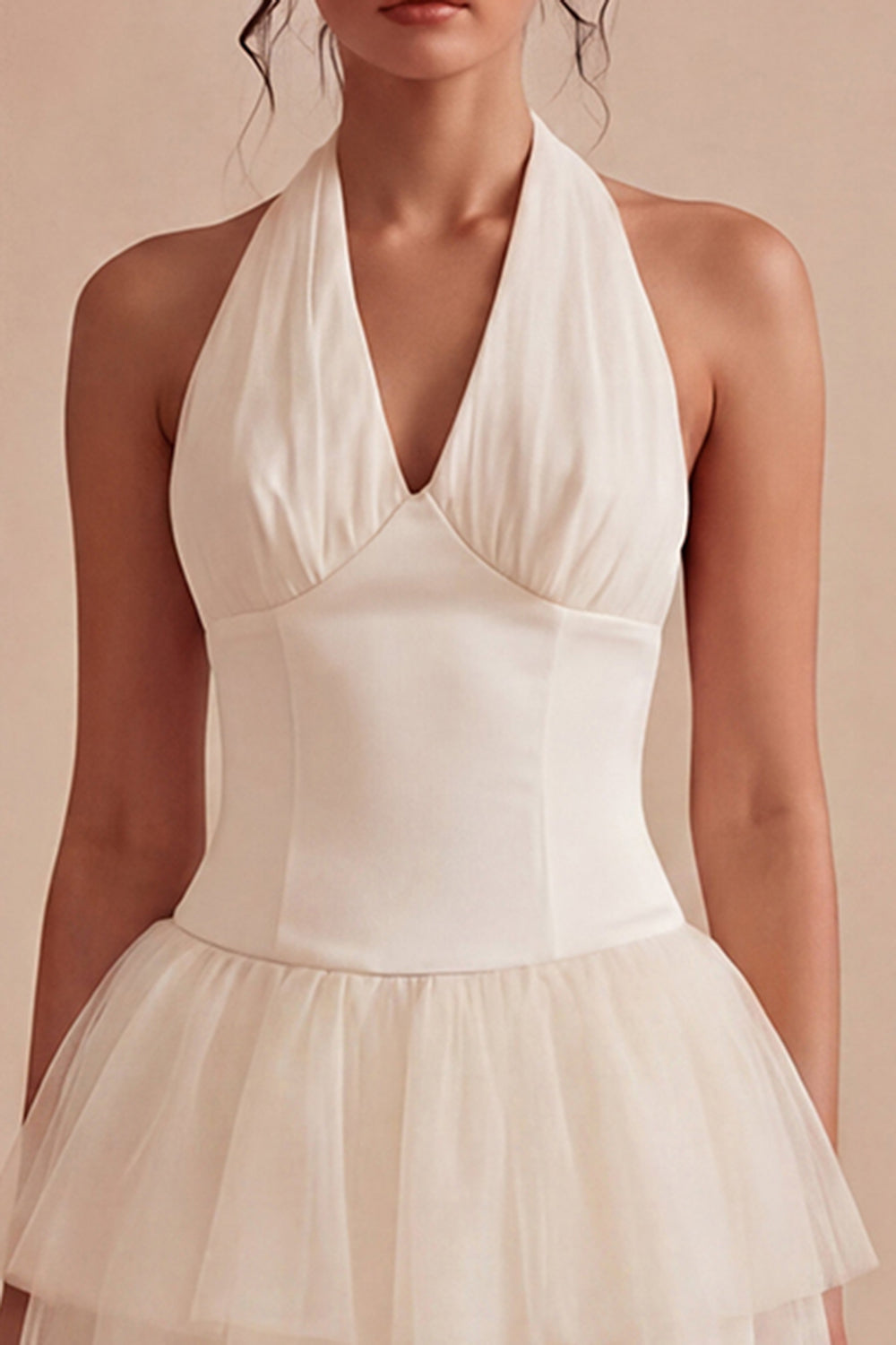 Halter Tiered Tulle Mini White Dress