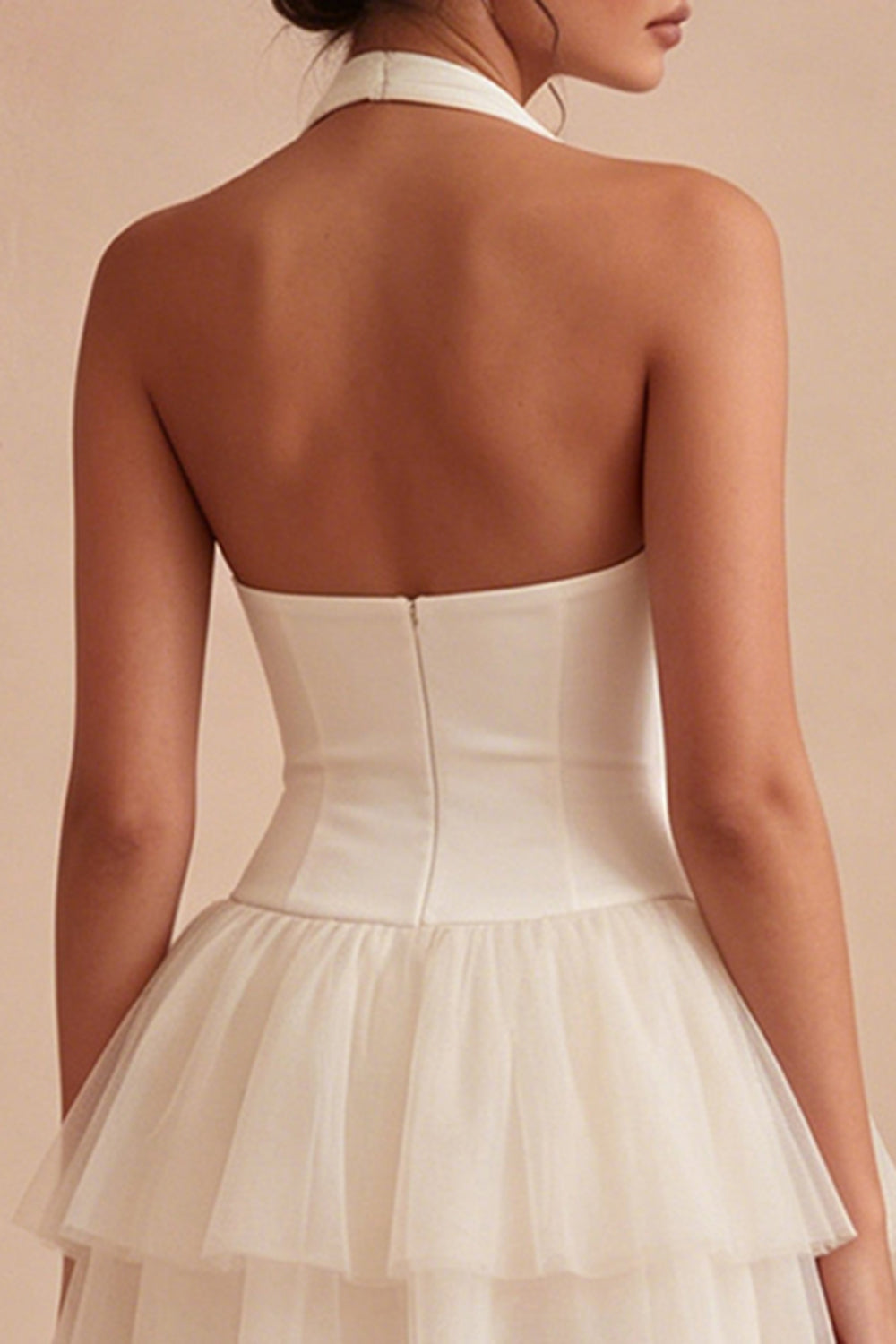 Halter Tiered Tulle Mini White Dress