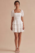 Tiered Square Neck Short Sleeve Mini White Dress