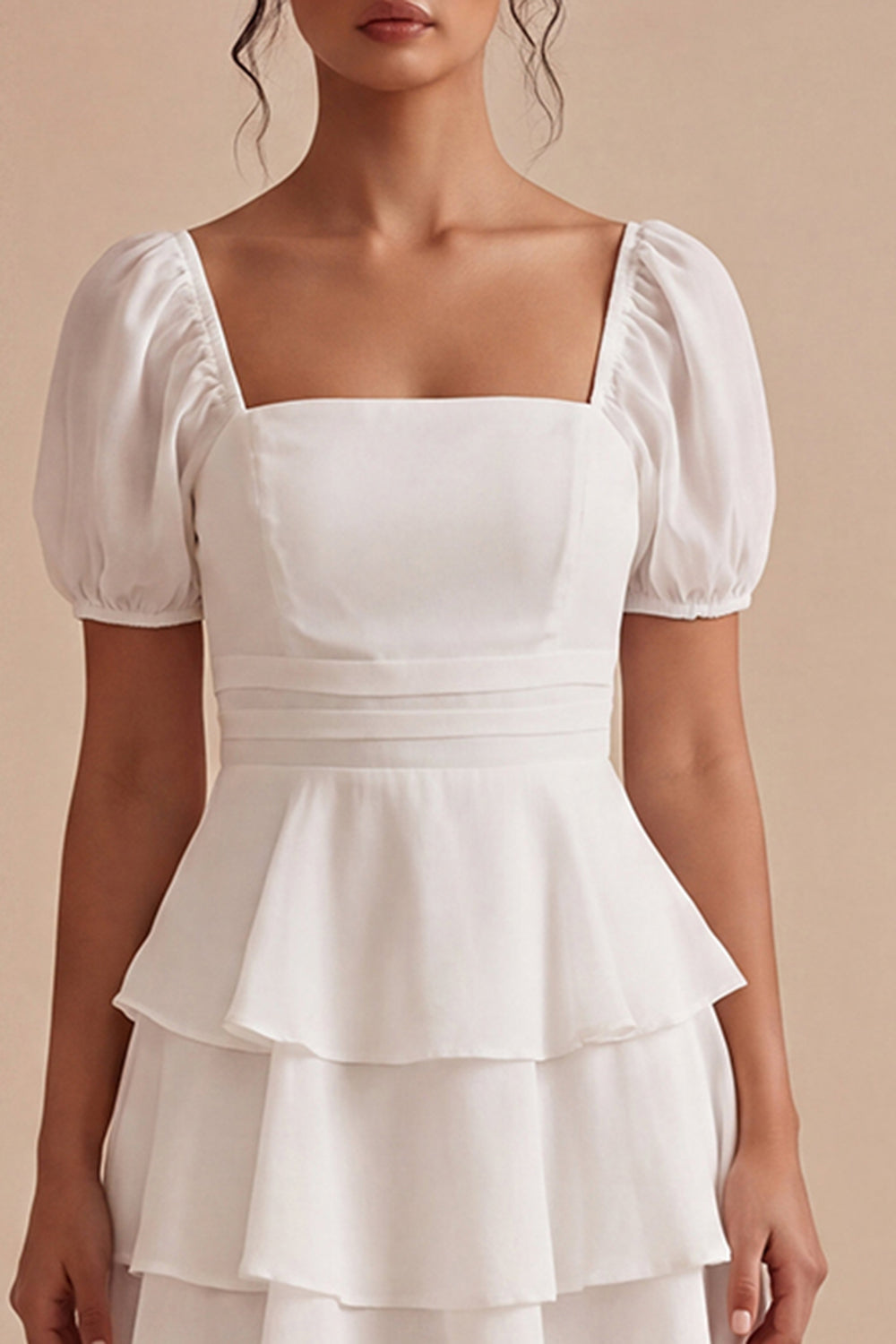 Tiered Square Neck Short Sleeve Mini White Dress