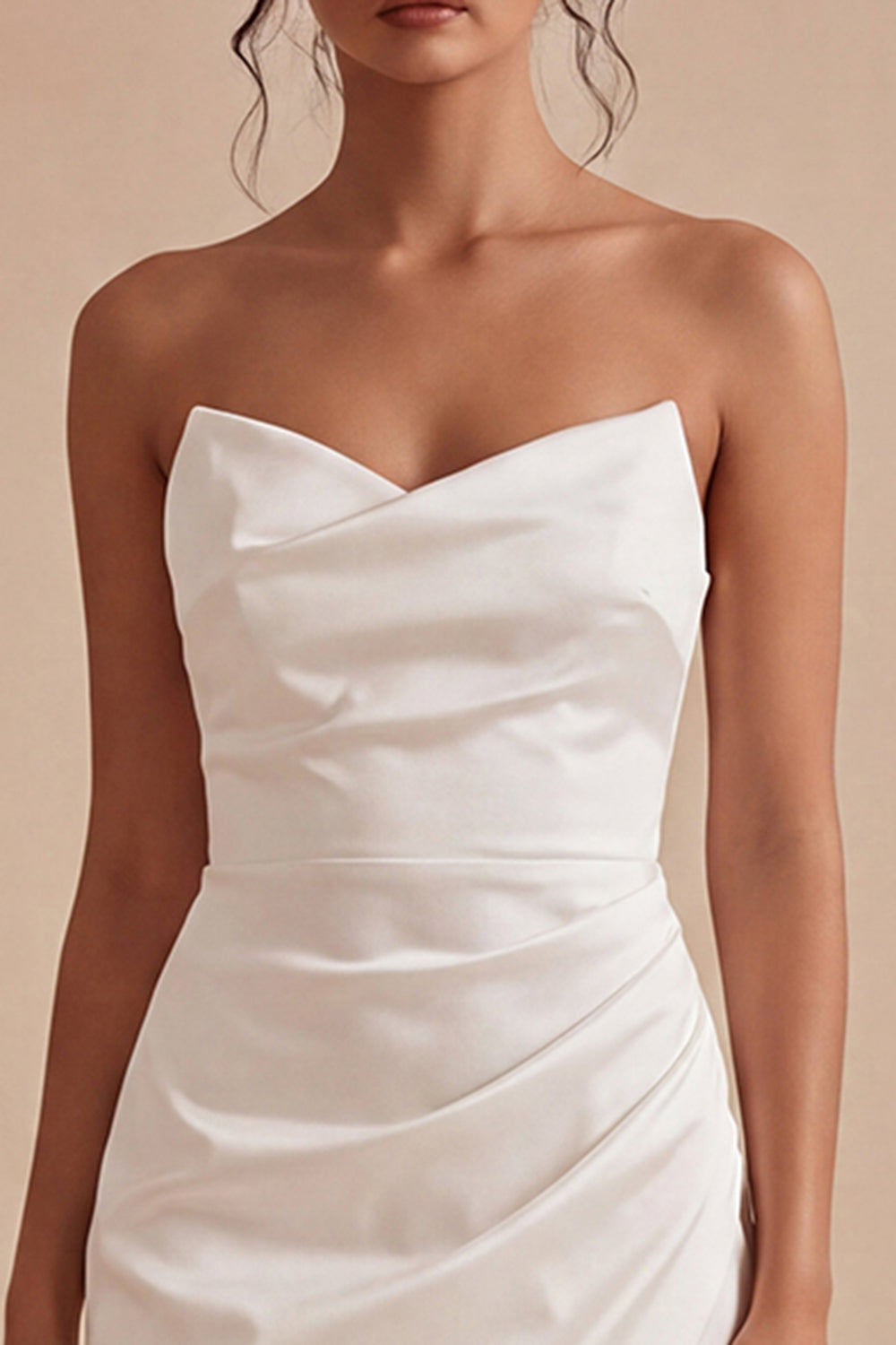 Strapless Ruched Satin Mini White Dress with Slit