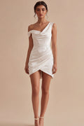 Asymmetrical Neck Ruched Satin Bodycon Mini White Dress
