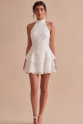 Halter Sequin Tiered A Line Mini White Dress