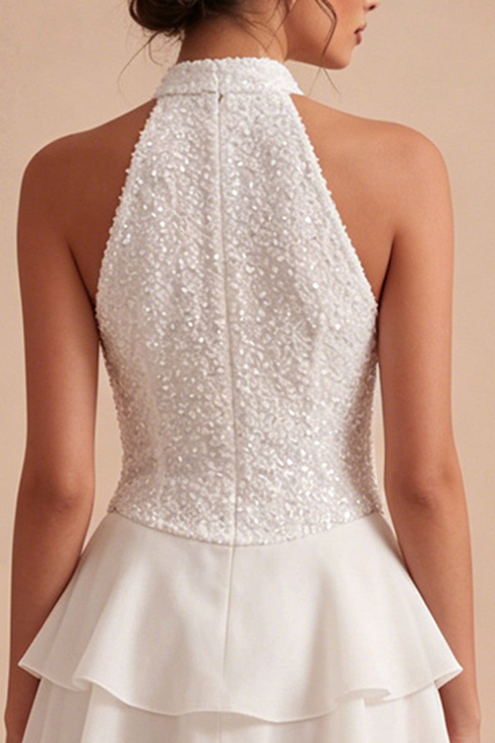 Halter Sequin Tiered A Line Mini White Dress