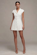 Notched Lapel A Line Pleated White Mini Work Dress
