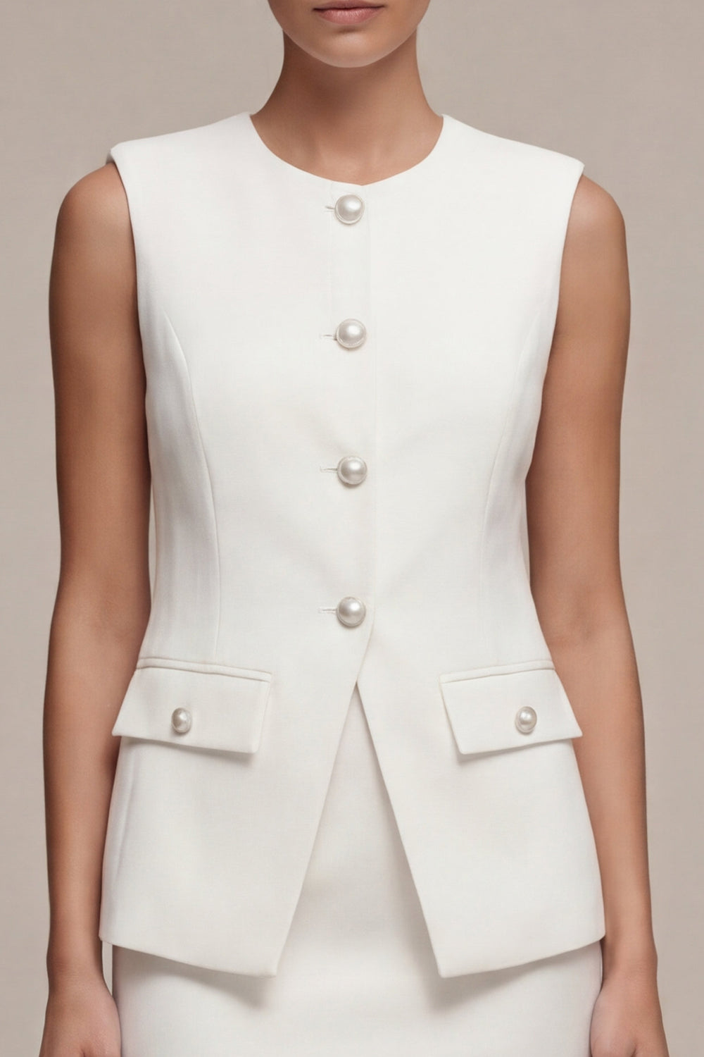 Round Neck White 2 Piece Bodycon Work Dress with Pearls