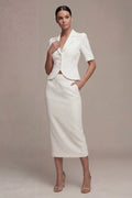 Notched Lapel White 2 Piece Bodycon Midi Work Dress with Short Sleeves