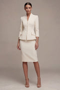 Ivory 2 Piece Single Breasted Bodycon Midi Work Dress with 3/4 Sleeves