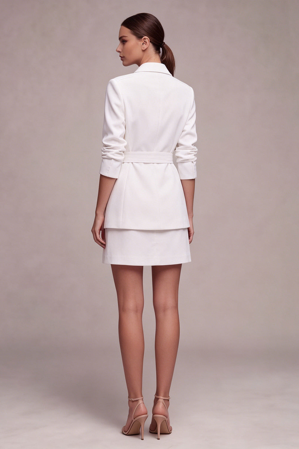 White Notched Lapel 2 Piece A Line Mini Work Dress with Sash