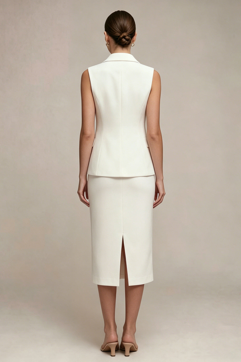 White Pearled Notched Lapel 2 Piece Bodycon Work Dress with Slit
