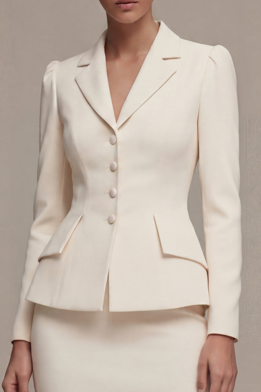 Ivory 2 Piece Notched Lapel Bodycon Midi Work Dress