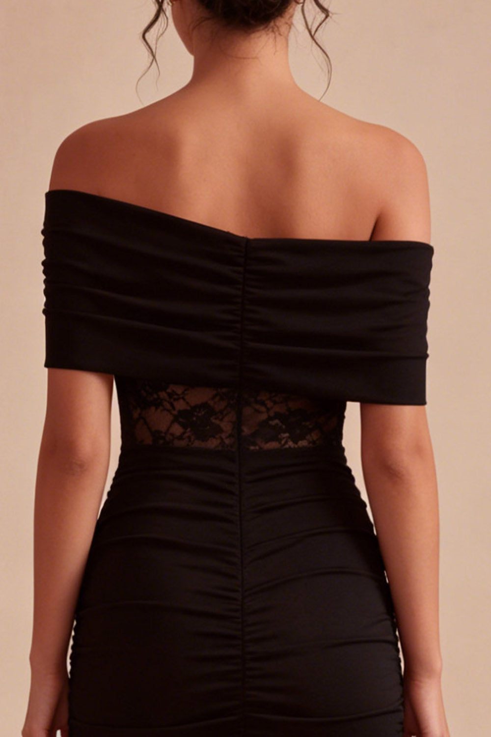 Off the Shoulder Black Lace Ruched Bodycon Mini Dress