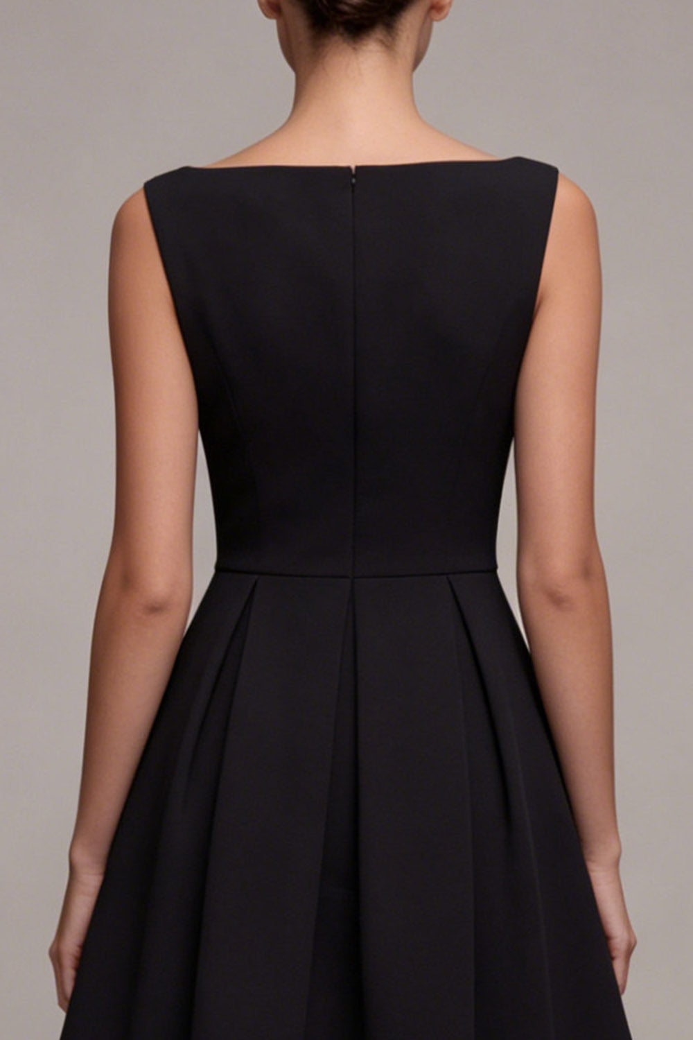 Boat Neck Black A Line Pleated Mini Dress