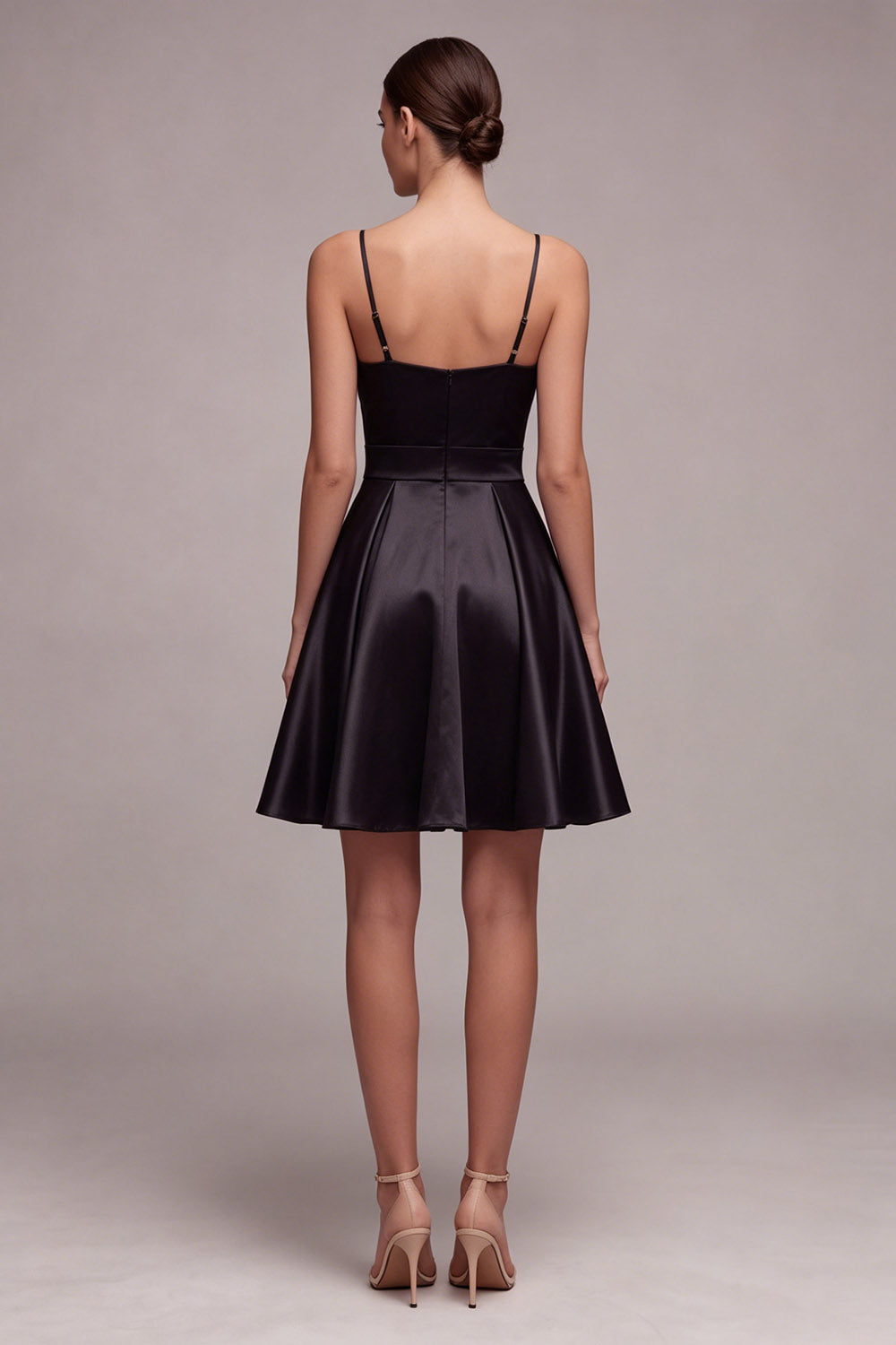 Black Spaghetti Straps A Line Pleated Satin Mini Dress