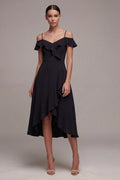 Cold Shoulder Black Ruffled A Line High Low Midi Dress