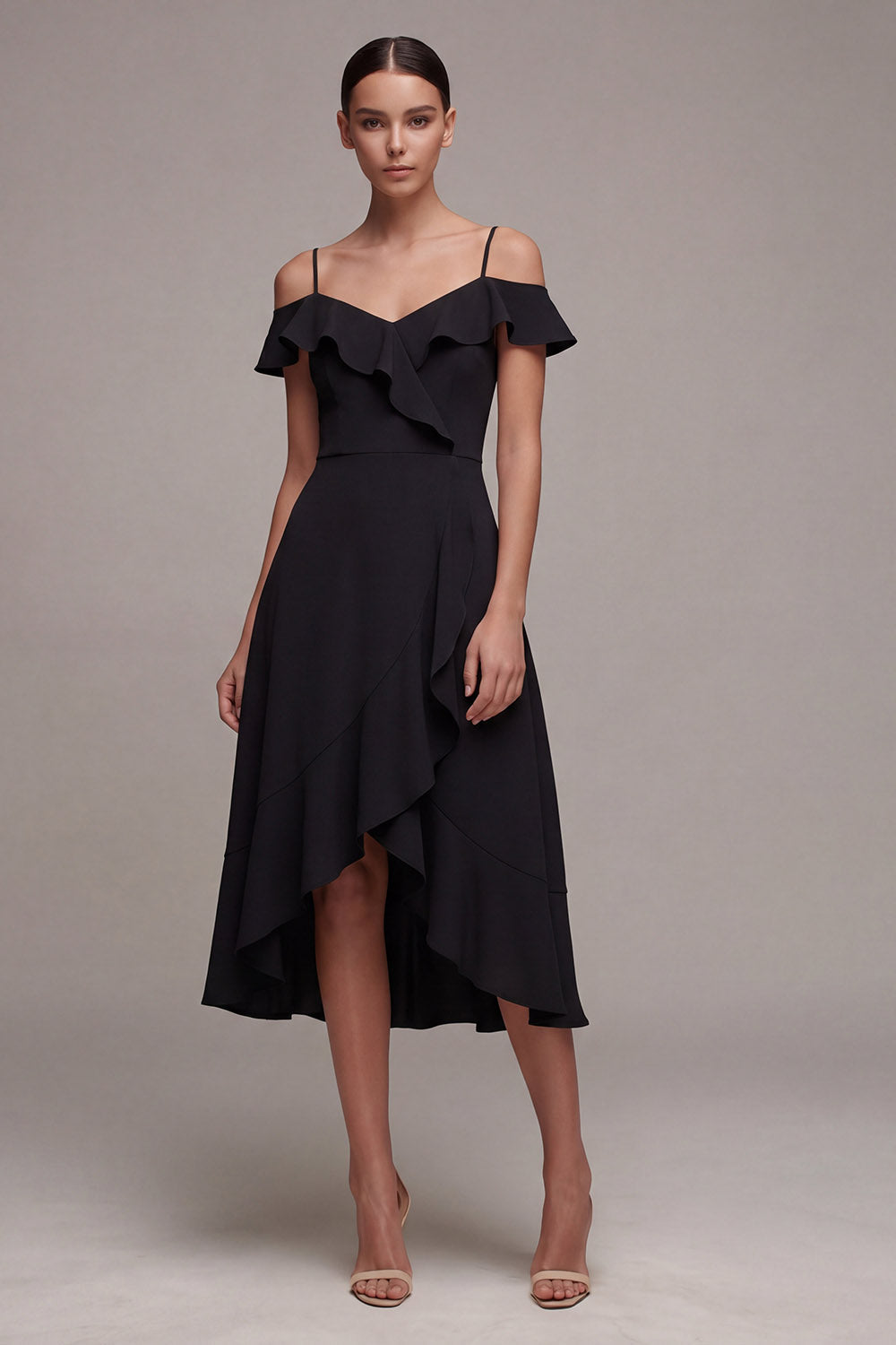 Cold Shoulder Black Ruffled A Line High Low Midi Dress