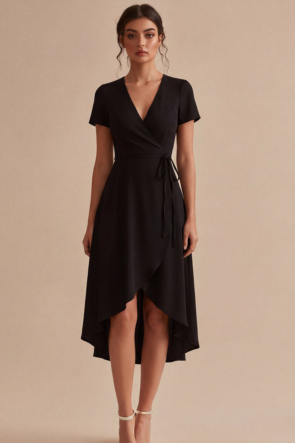 High Low Black A Line V Neck Midi Dress with Short Sleeves