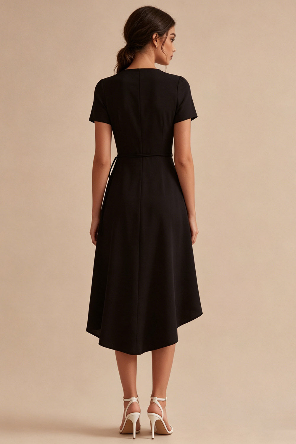 High Low Black A Line V Neck Midi Dress with Short Sleeves