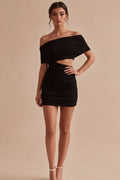 Off the Shoulder Ruched Black Cut Out Bodycon Mini Dress