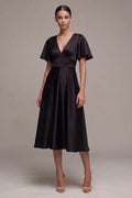 Black A Line Satin Short Sleeve Midi Dress